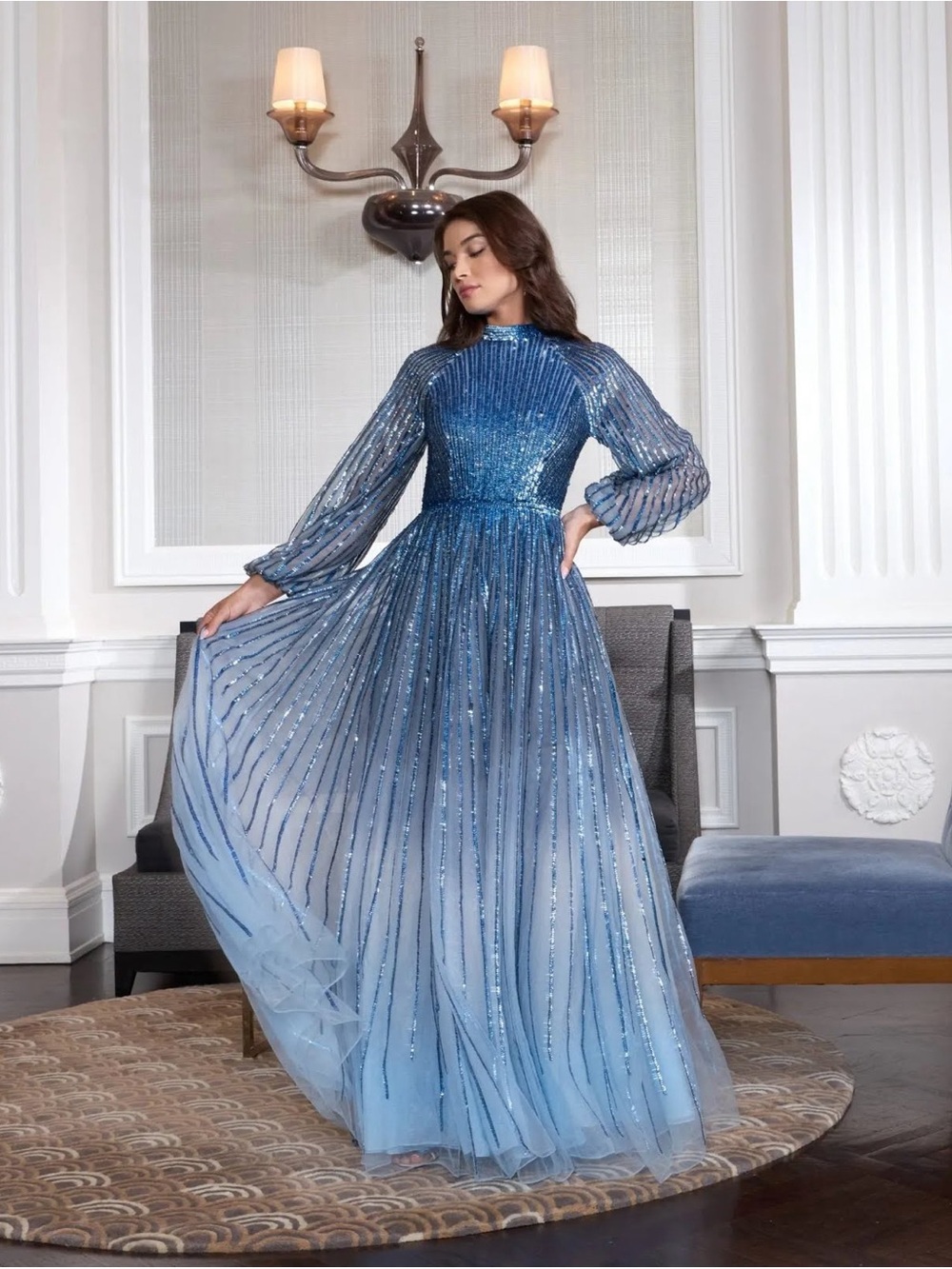 Mac Duggal 6206 Blue Ombré Sequin Long Sleeve A-Line Evening Dress Size 12 NWT - Picture 4 of 15
